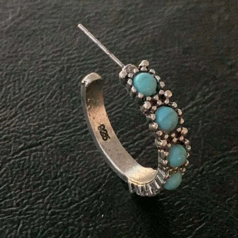 Men’s Sterling Silver Hoop Earrings with Faux Turquoise Cabochons